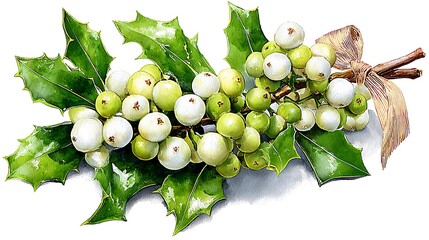 Watercolor masterpiece: Close-up illustration of a sprig of vibrant green holly with bright red berries Watercolor Hygge and Hearth Whimsical Woodland Storybook