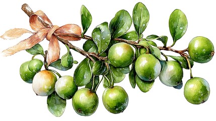 Watercolor masterpiece: Close-up illustration of a sprig of vibrant green holly with bright red berries Watercolor Hygge and Hearth Whimsical Woodland Storybook