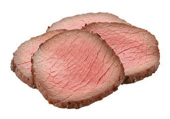 Isolated three slices of roast beef, rare cooked meat dish for restaurant menu design