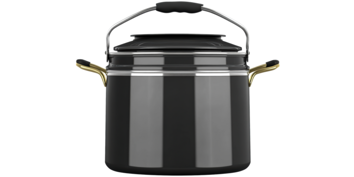 Glossy black cylindrical container with metallic accents