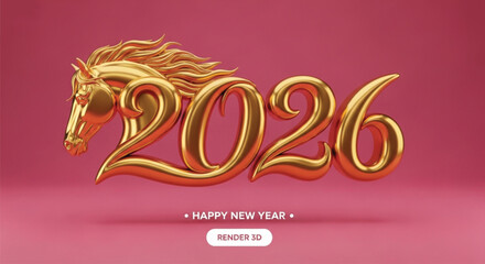 A golden horse head and the year 2026 are displayed on a pink background, wishing a happy new year in a festive and celebratory manner. Render 3D design.