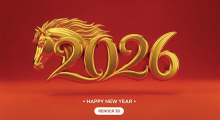 A golden horse head elegantly forms the year 2026 on a vibrant red background, symbolizing a prosperous and joyous Happy New Year celebration for everyone.