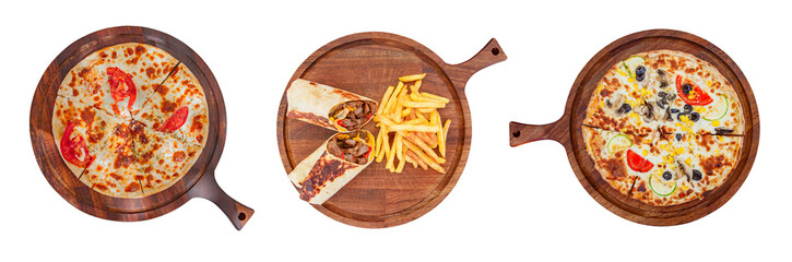 set of pizza and fast food on round wooden boards, isolated on white background