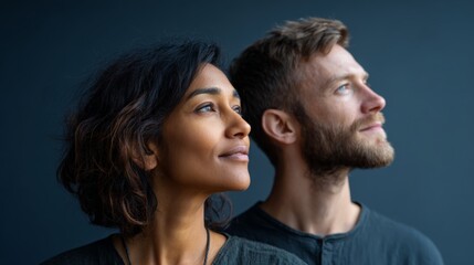Two software developers, a woman and a man, are looking up with thoughtful expressions, contemplating the future of artificial intelligence and its potential impact on their work and the world