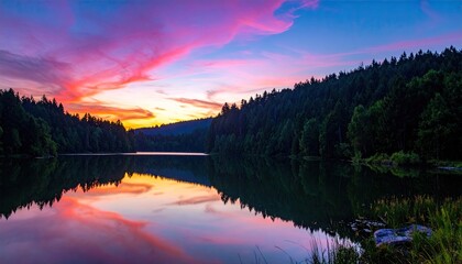 Vibrant sunset over a calm lake surrounded by dark green pine forest hills with dramatic pink and orange sky reflections on water