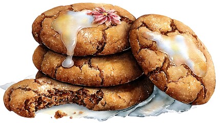 Photorealistic watercolor: Stack of freshly baked gingerbread cookies, some plain, some with intricate icing Watercolor Hygge and Hearth Whimsical Woodland Storybook