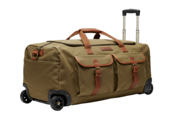 Isolated olive-green canvas wheeled duffel bag with brown leather trim and extendable handle