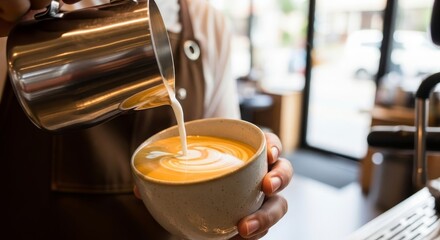 Crafting delicious latte art in a cozy cafe setting, savoring the moment with creamy coffee and a touch of artistic flair, perfect for a relaxed morning