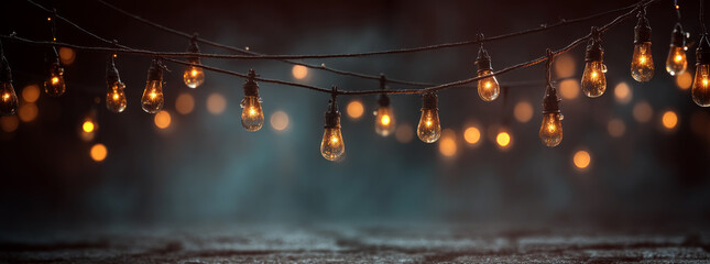 Hanging string lights glowing in dark moody ambiance with bokeh background and rustic texture on ground Generative AI