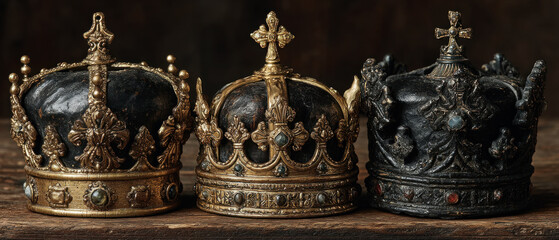 Antique royal crowns with ornate details and gemstones displayed on rustic wooden surface in dramatic lighting Generative AI
