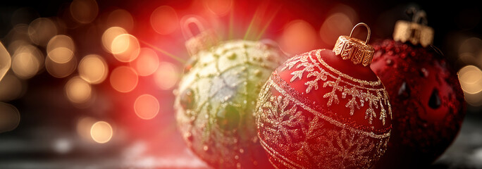 Closeup of glittering Christmas ornaments with festive red and gold colors and bokeh holiday lights in background Generative AI