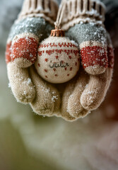 Closeup of gloved hands holding knitted Christmas ornament with snowflakes in cozy winter holiday atmosphere Generative AI