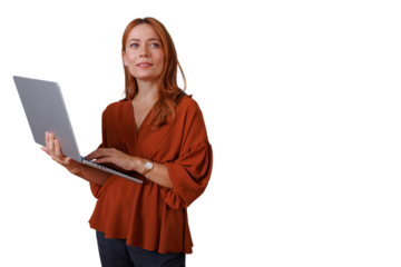 Businesswoman standing, holding laptop, remote working, achieving goals, developing new ideas on transparent background