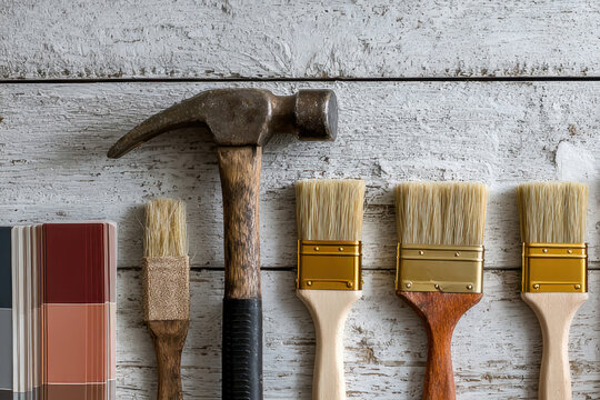home renovation tools and materials on wooden background, paint brushes, color swatches, hammer - Powered by Adobe