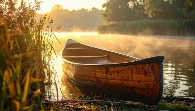 Tranquil Canoe Resting on Shoreline Amidst Golden Sunrise Mist on Calm Water with Reeds in Foreground