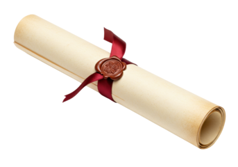 Isolated scroll of parchment paper tied with a red ribbon and secured with a wax seal on top