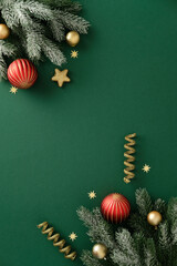 Symmetrical Christmas background with pine branches, red and gold baubles, golden stars and spirals...