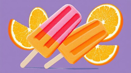Two popsicles with orange and pink stripes on them are on top of a purple background. There are also two orange slices on the background