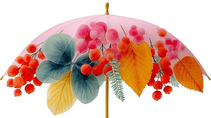 A pink umbrella with a floral design and red berries. The umbrella is open and the flowers and berries are spread out