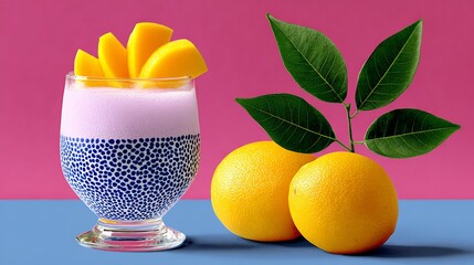 A glass of a drink with a slice of lemon on top. The drink is in a glass with a blue and white design. There are two oranges on the table, one of which is cut in half