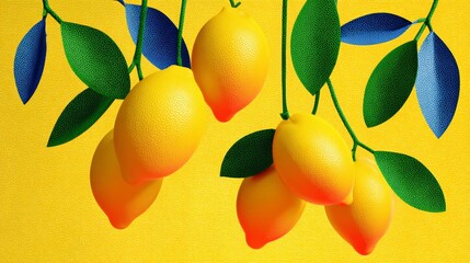 A close up of a bunch of lemons hanging from a tree. The lemons are yellow and green, and the leaves are also green. The image has a bright and cheerful mood, with the lemons