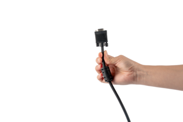 Hand and VGA cable connector isolated on transparent background.