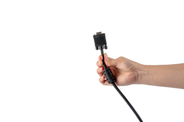 Hand and VGA cable connector isolated on transparent background.