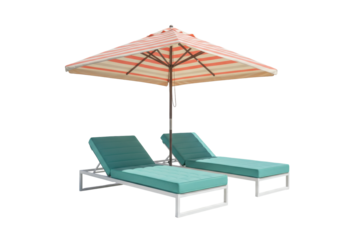 Isolated pair of lounge chairs with striped patio umbrella for relaxing in backyard