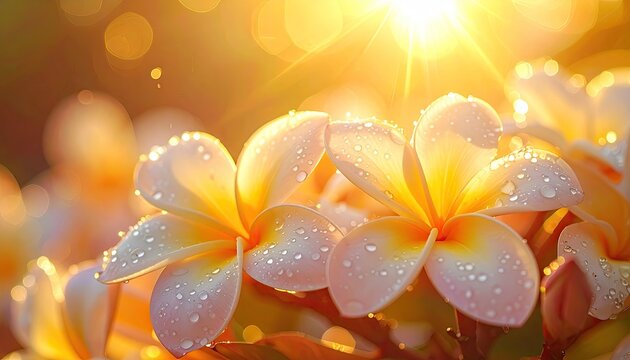 Tropical Sunrise Over Plumeria Flowers With Dew Drops And Sun Flare Effect In Soft Focus Bokeh Background - Powered by Adobe