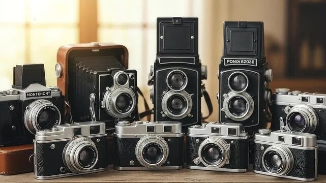 Collection of Vintage Cameras Displayed on a Wooden Surface.
