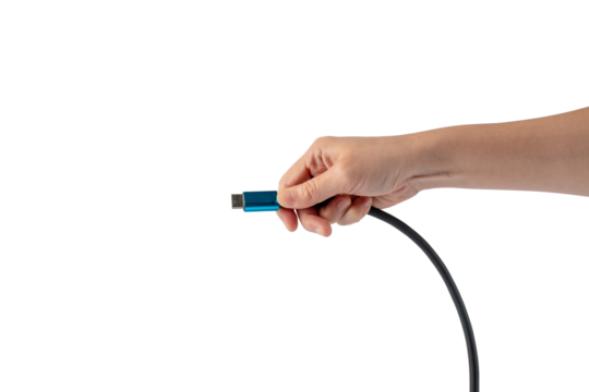 Hand and HDMI cable connector isolated on transparent background.