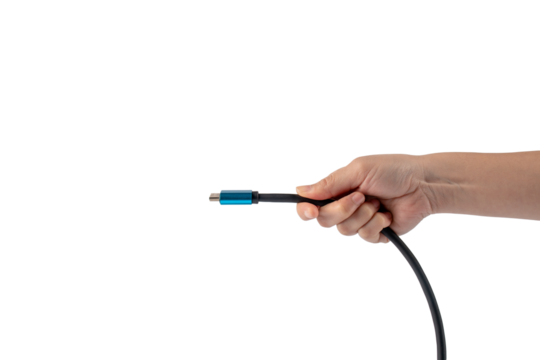 Hand and HDMI cable connector isolated on transparent background. - Powered by Adobe