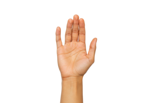 Isolated human hand is open, palm forward, fingers extended, indicating stop or five items