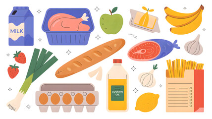 Assortment of fresh and packaged groceries for a healthy diet and home cooking isolated on transparent background