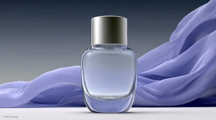 A bottle of perfume is sitting on a blue cloth. The bottle is clear and has a silver cap. The cloth is purple and has a slightly wrinkled appearance. Concept of luxury and sophistication