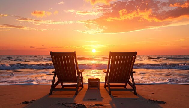 Two Empty Wooden Lounge Chairs Facing the Ocean Sunset with Fiery Orange Clouds and Gentle Waves on a Sandy Beach