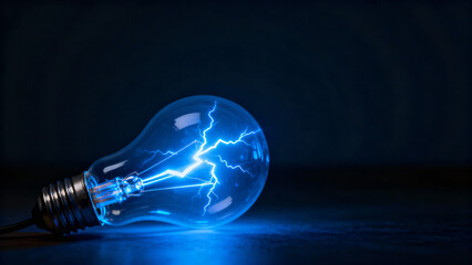 Electric bulb with bright blue lightning bolt illuminating dark background