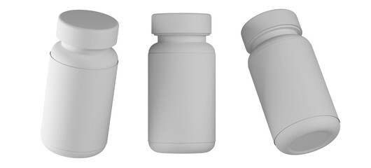 Blank pill bottle set isolated on black 3D render
