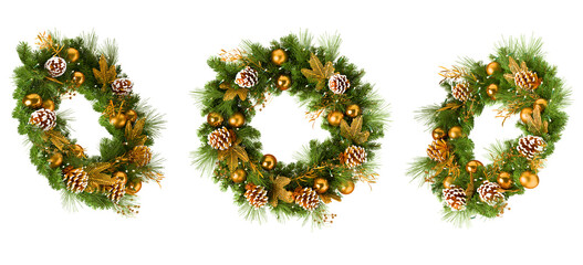 Gold ornament Christmas wreath set isolated on black 3D render