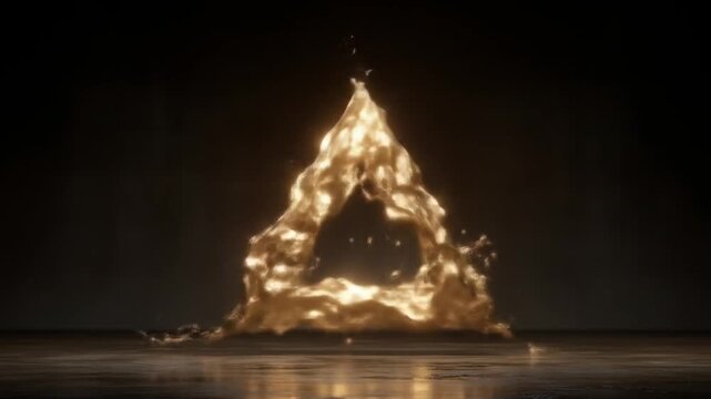 Glowing triangle of liquid gold against a dark, reflective surface. Abstract, mystical