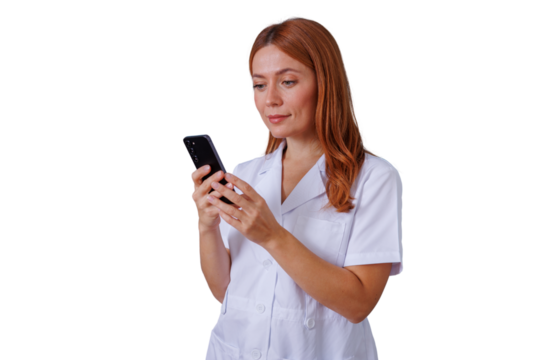 Medical professional woman using smartphone, connecting with healthcare technology, transparent background for easy use - Powered by Adobe