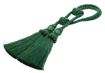 Isolated decor element textile drapery rope with tassel, curtain tieback in rich green tone