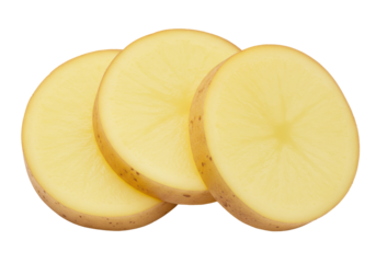 Isolated raw potato slices close up in stack for cooking; delicious food photography