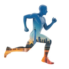 Blue running man silhouette featuring a vibrant urban skyline and sunset within its form isolated on transparent background