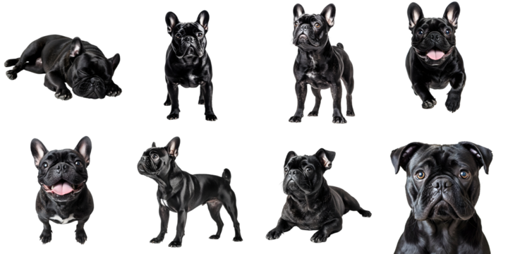 Set of black pug dogs isolated on a transparent background PNG