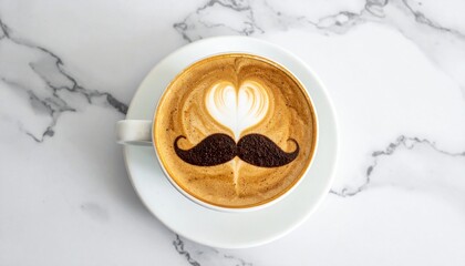 Cup of cappuccino with heart and mustache latte art, cookie beside on marble table.