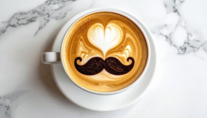 Cup of cappuccino with heart and mustache latte art, cookie beside on marble table.