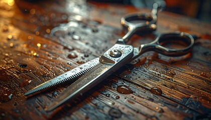 Close-up of barber scissors on a wooden surface, showing water droplets and detail