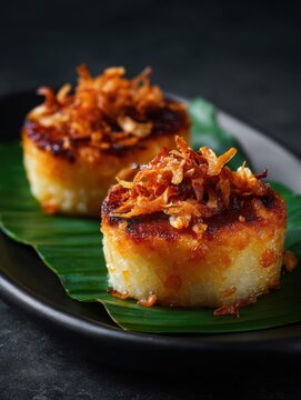 Delicious Biko Glutinous Rice Cake Topped with Latik on Banana Leaf Presents Filipino Cuisine