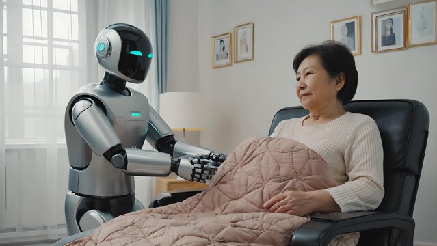 Humanoid robot caring for elderly woman in nursing home setting